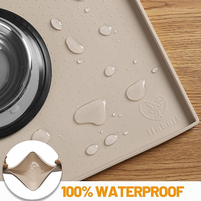 Hubulk Dog Feeding Mat,100% Waterproof Food Grade Silicone Pet Food and Water Bowl Placemat,Dishwasher, High Raised Edge to Prevent Spills,Nonslip Tray to Stop Messes on Floor（32"x24"x1.0", Taupe）