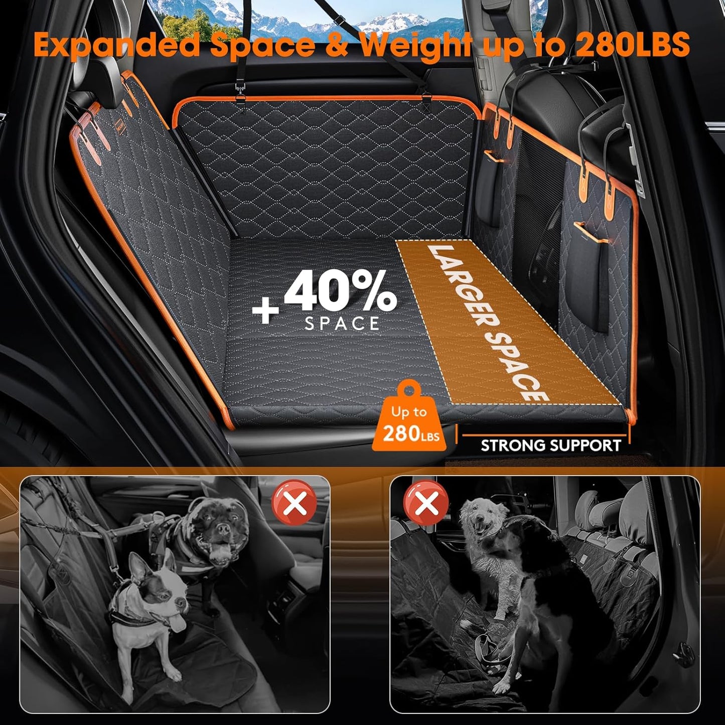 MIXJOY Back Seat Extender for Dogs, Hard Bottom Dog Car Seat Cover for Back Seat Protector, Waterproof Dogs Backseat Cover for Car, Foldable Dog Hammock for Car Travel Accessories, Black