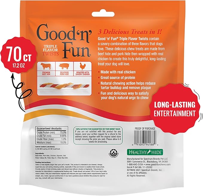 Good ‘n’ Fun Triple Flavor Twists for All Dogs, 70 Count, Treat Your Dog to Long-Lasting Chews Made with Beef Hide, Pork Hide and Chicken