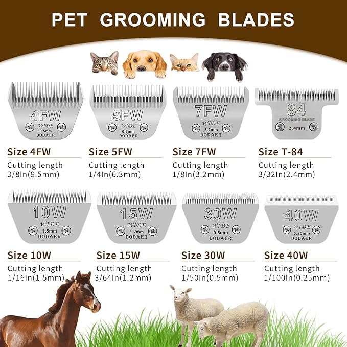 4 Pack Detachable Pet Dog Grooming Blades-Size 10W+7FW+5FW+4FW Dog Grooming Wide Blade,Cutting Length 1/16 in -3/8 in（1.5mm-9.5mm）,Compatible with Most Andis,Oster A5,Wahl km10 Clippers