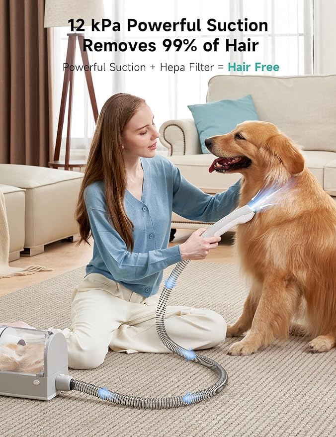 Hicozy S1+ Dog Grooming Vacuum, 12000Pa Minimum 50dB Quiet Dog Vacuum for Shedding Grooming with 2L Dust Cup, 6 Professional Pet Accessories with Clippers, Gray