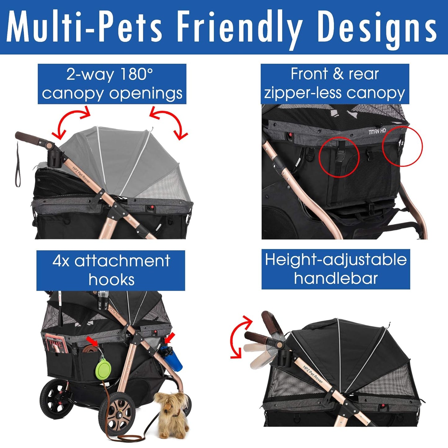 Titan-HD Premium Super-Sized Dog/Cat/Pet Stroller SUV Travel Carriage/w Access Ramp/100Lbs Capacity/Pumpless Rubber Wheels/Aluminum Frame for Small, Med, Large, XL Pets (Black)