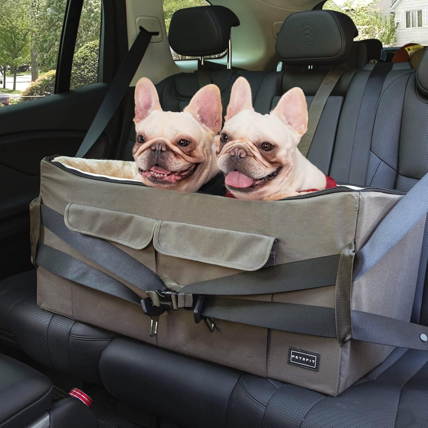 Petsfit Dog Booster Seat for 2 Small Dogs or Medium Dog up to 55 lbs, Large Dog Car Seat with 2 Big Pockets for Cars, Trucks and SUVs (Large, Brown)