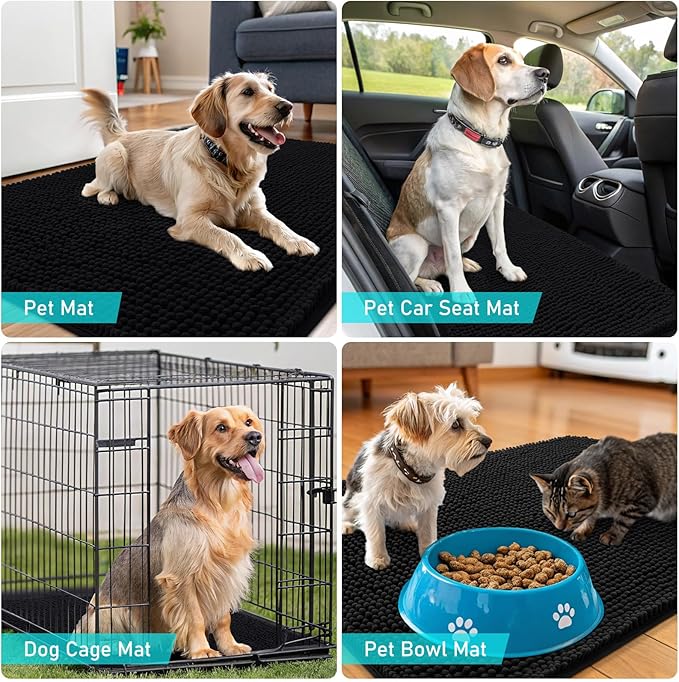 OLANLY Dog Door Mat for Muddy Paws 59x35, Absorbs Moisture and Dirt, Absorbent Non-Slip Washable Doormat, Quick Dry Chenille Mud Mat for Dogs, Entry Indoor Entryway Carpet for Inside Floor, Black