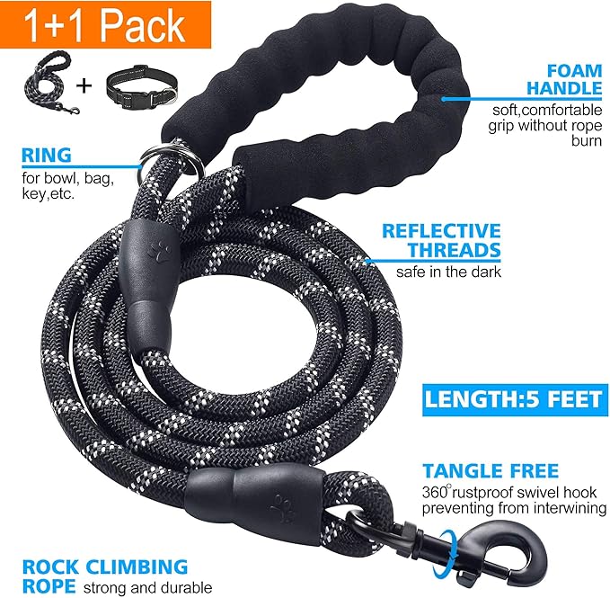 Reflective Dog Collar Padded with Soft Neoprene Breathable Adjustable Nylon Dog Collars for Small Medium Large Dogs (X-Small (Pack of 1), Black Collar+Leash)