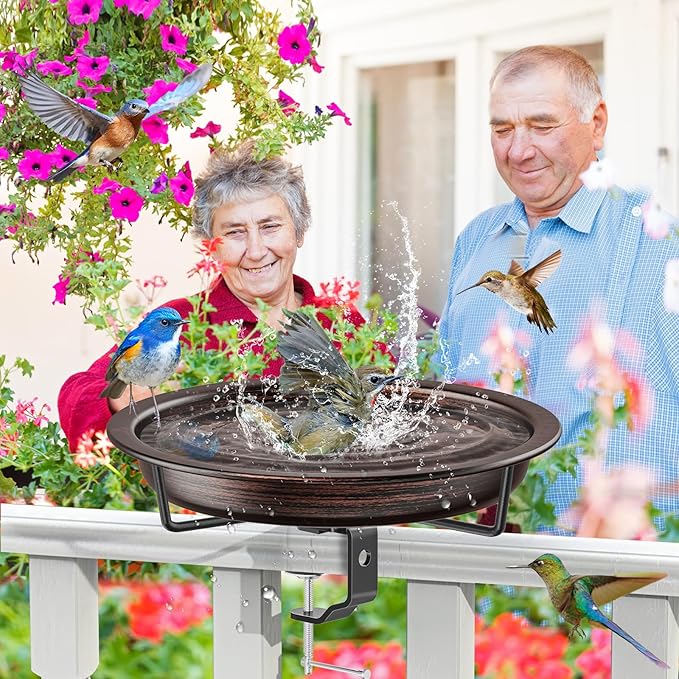 Deck Mounted Bird Bath for Outside, Detachable Birdbath Bowl with Sturdy Clamp, Outdoor Bird Baths Bowl for Attracting Birds Garden Yard Decor (Brown)
