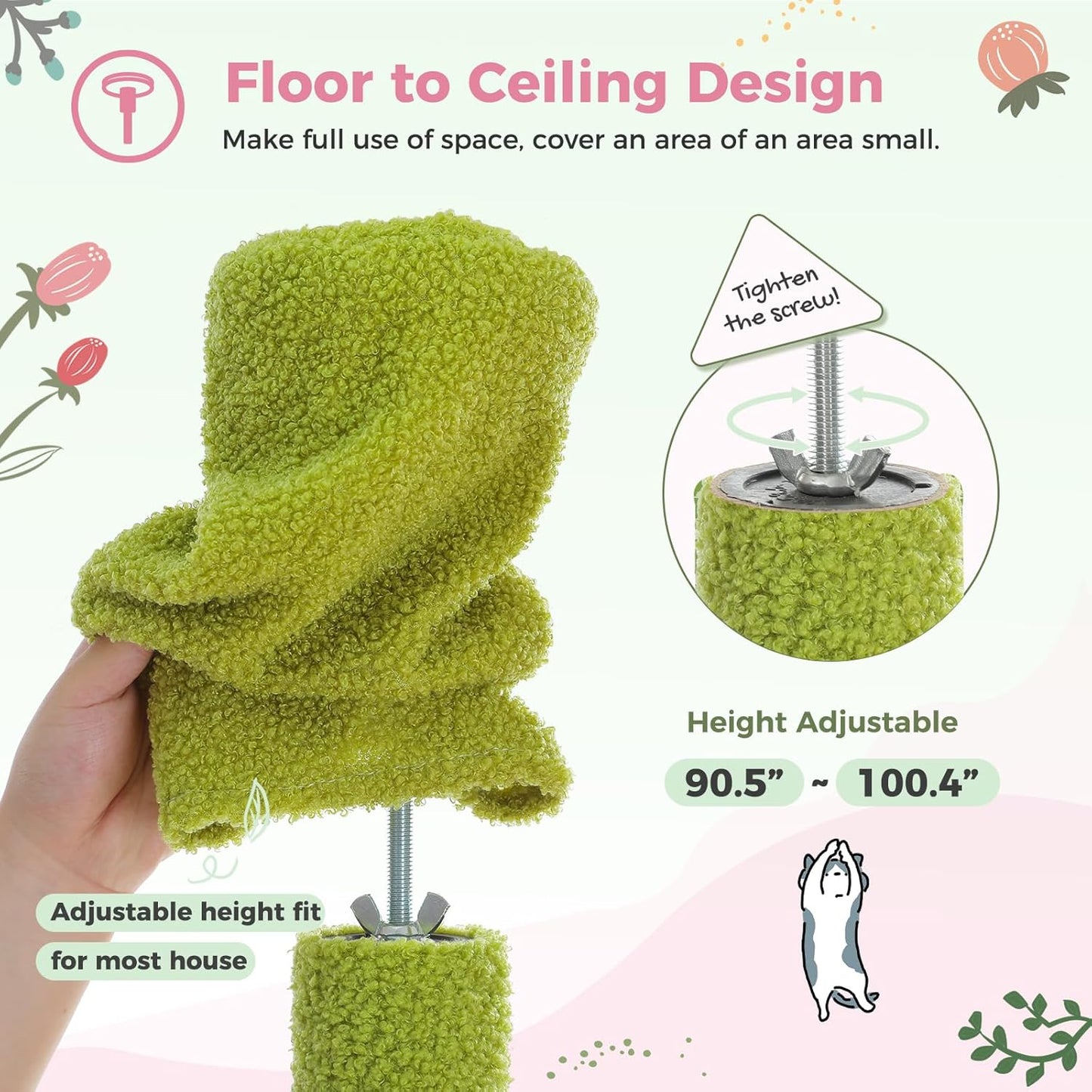 PEQULTI Tall Cat Tree Floor to Ceiling Cat Tower Adjustable Height (90.5''-100.4'' = 230cm-252cm) with Cat Condo, Cozy Hammock and Scratching Post, Pink Flower Climbing Tree for Indoor Cats, Pink