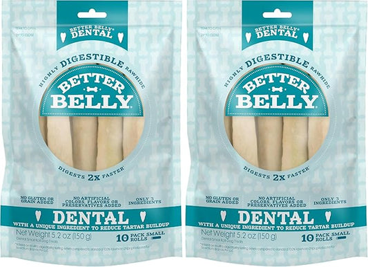 Better Belly Highly Digestible Rawhide Dental Chews, Treat Your Dog to a Chew with NO Artificial Colors or Flavors, 10 Count (Pack of 2)