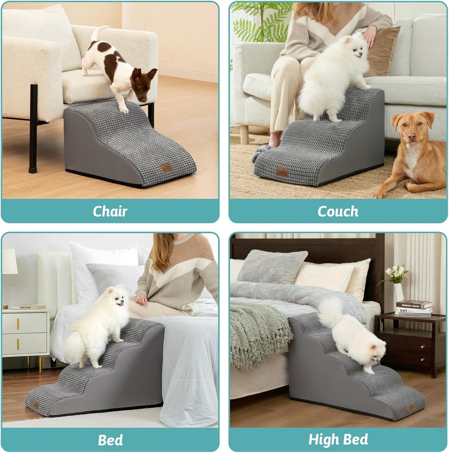 Dog Stairs for High Bed 22.6" H, Small Dog Step for Puppy, Older or Cat, Curved Ramp for Car, Ladder with High Density Foam, Lightweight, Durable, 15.7x33x22.6 inch, 5 Step, Light Grey