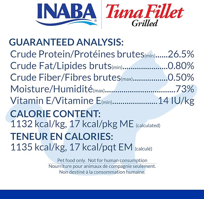INABA Premium Hand-Cut Grilled Tuna Fillet Cat Treats/Topper with Vitamin E and Green Tea Extract, 0.52 Ounces Each, Pack of 6, Extra Tender Tuna Broth