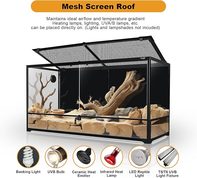Glass Reptile Terrarium 18" x 18"x 36"Front Opening Chameleon Cage ull View Glass Terrarium Tank with Double Hinge Door for Reptiles Amphibians, Bearded Dragon Gecko Lizard Snake