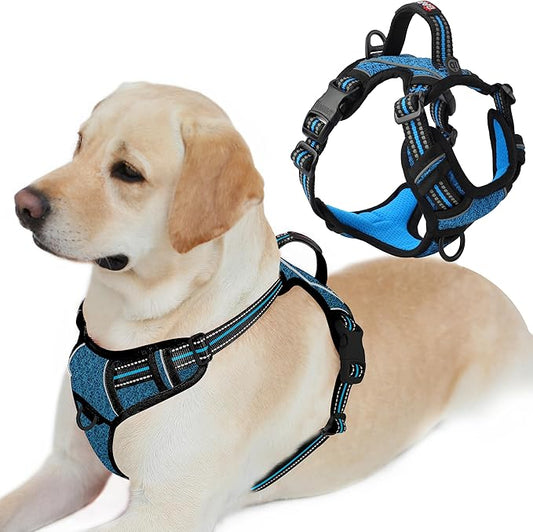 BARKBAY Dog Harness No Pull with ID Tag Pocket - Heavy Duty, Reflective, Easy Control for Large Dogs(Blue/Black,L)