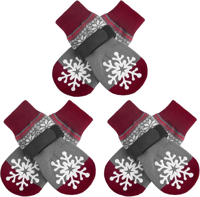 BEAUTYZOO Christmas Winter Anti-Slip Dog Socks with Grips Traction Control for Small Medium Large Dogs, Non Skid Indoor Double Side Pet Paw Protector for Hardwood Floor Wear, Snowflake S/M