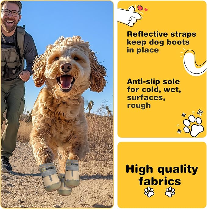 Hcpet Dog Shoes for Large Dogs, Waterproof Dog Booties for Small Medium Dogs, Anti-Slip Dog Boots & Paw Protectors for Hot Pavement Winter Snow Hiking with Reflective Straps Khaki Size 7