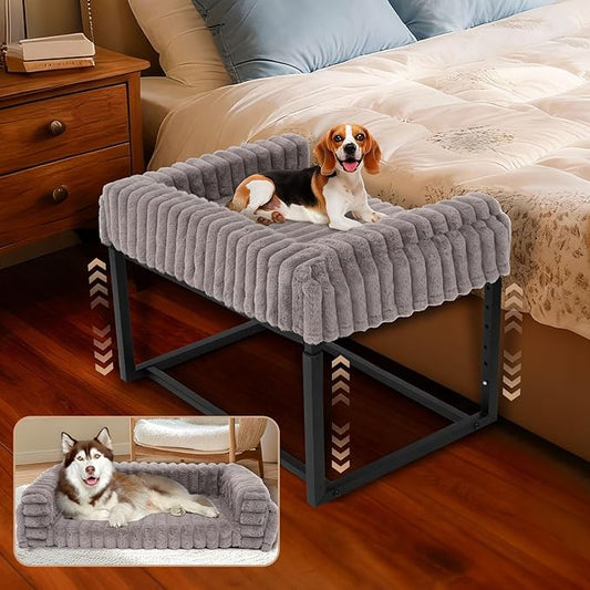 Beside Dog Bed,Adjustable Height Dog Bunk Beds,27.5''x 18''Metal Dogs Bed Frame with Washable Removable Corduroy Cover,Memory Foam Pet Bed with Sides,Medium