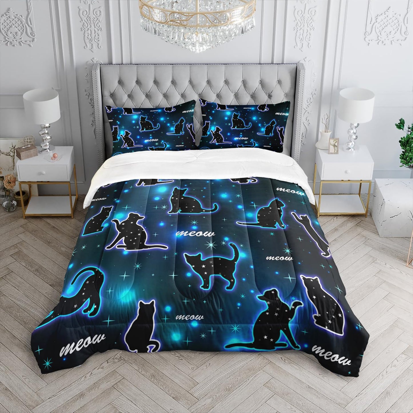 Kawaii Pet Cat Comforter 3Pcs Queen Gradient Line Cute Kitten Animal Bedding Set for Kids Teens Girls Boys Cat Glitter Polka Dots Pattern Quilt Bed Decor with 1 Comforter and 2 Pillowcases