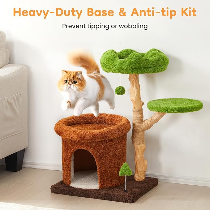 32-Inch Multi-Level Cat Tree Tower, Natural Wooden Cat Furniture with Sisal Scratching Posts, Beds & Condo, Cute Cat Tree for Indoor Cats, Multi-Cat Householdsolds