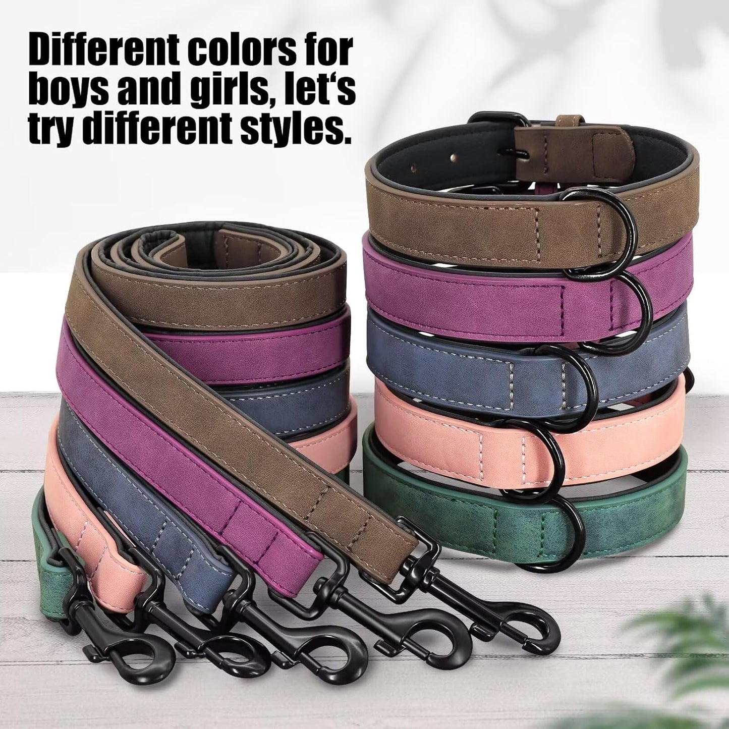 Didog Soft Padded Leather Dog Collar and Leash Set, Adjustable Dog Lead and Collar Set with Metal Buckle, Breathable Pet Collars with 4FT PU Leather Leash for Small Medium Dogs, Green, M