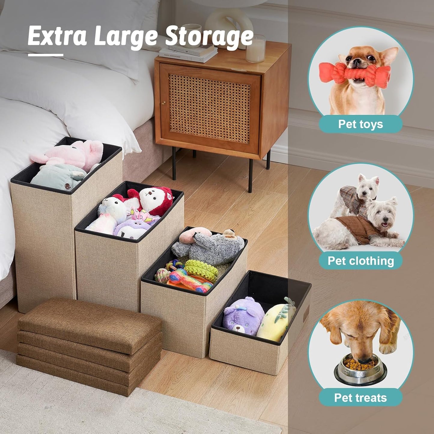 Dog Stairs with Storage, 4-Step Wider Sturdy Dog Steps for Small/Medium/Large Dogs and Older Cats, Folding Doggie Ramp for Bed/Couch/Car Hold Up to 180 lbs (22" H, Brown)
