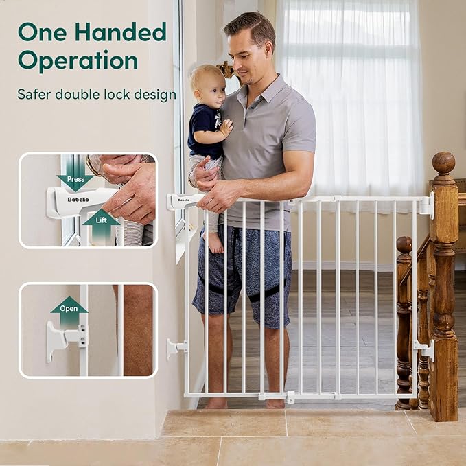 Babelio Baby Gate for Stairs, Kitchen & Doorways, 26-43" W 28" H No Bottom Bar| Easy Installation| One-Handed Operation| Auto-Close| Hardware Mount (Drill Needed) Safety Dog/Pet Gate Indoor (White)