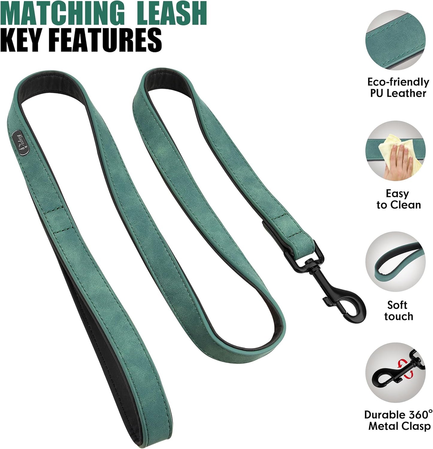 Didog Soft Padded Leather Dog Collar and Leash Set, Adjustable and Breathable Pet Collars with 4FT PU Leather Dog Leash for Small Medium Large Dogs, Green, XL