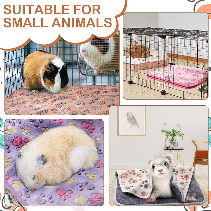 Reginary 4 Pcs Waterproof Guinea Pig Blankets Washable Small Animal Fleece Bedding Absorbent Guinea Pig Cage Liners Reusable Pet Pee Pad Sleep Mat for Hamster Ferret(Paw Print,28 x 41 Inch)