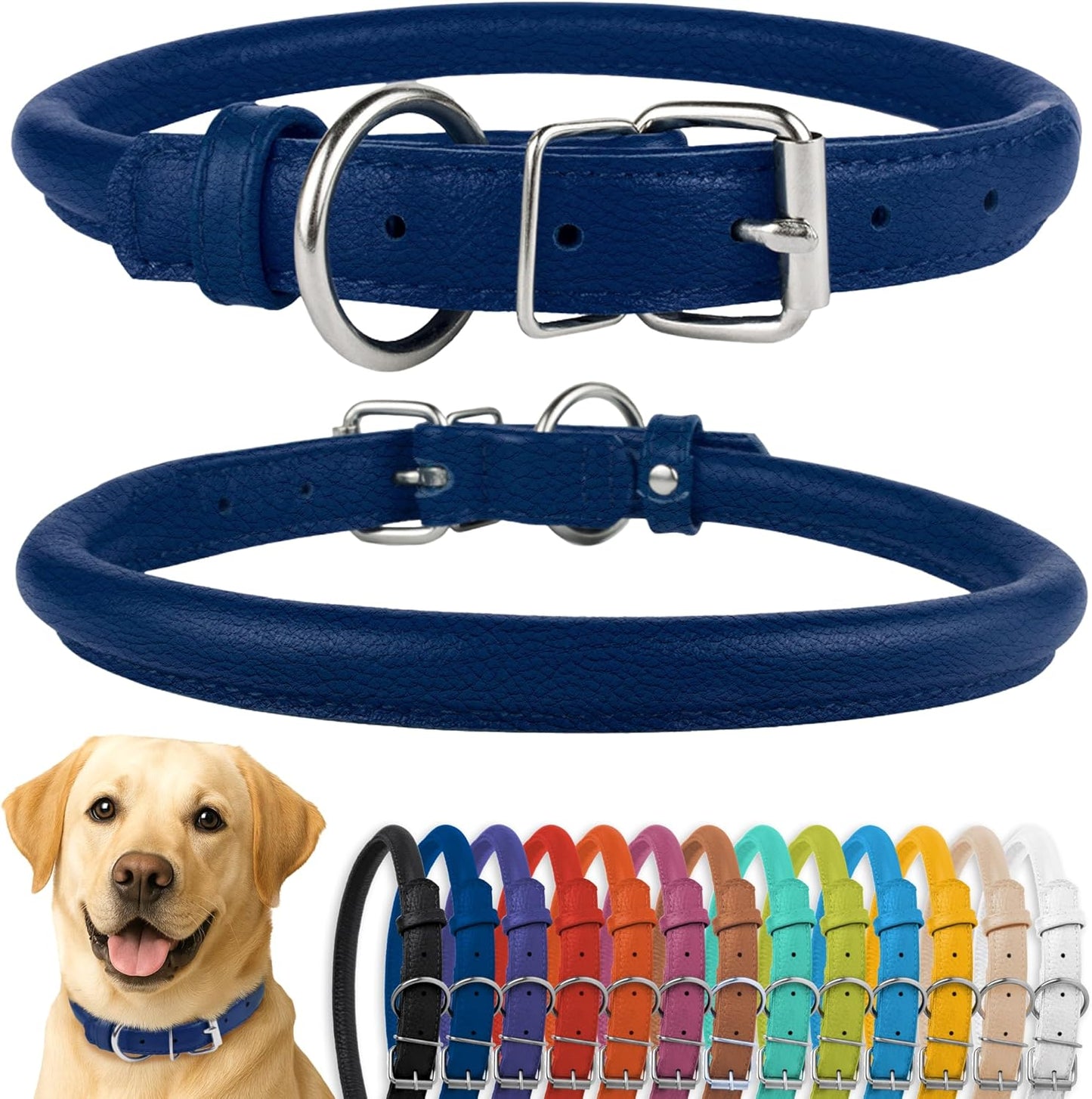 CollarDirect Rolled Leather Dog Collar, Soft Padded Round Puppy Collar, Handmade Genuine Leather Collar Dog Small Large Cat Collars 13 Colors (15-19 Inch, Deep Blue Textured)