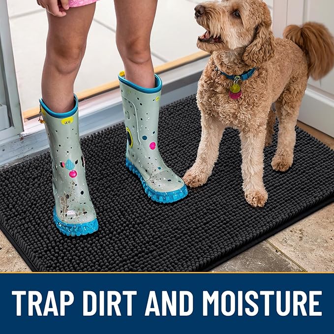 Smiry Dog Door Mat for Muddy Paws 70x24, Absorbs Moisture and Dirt Doormat, Non-Slip Washable Quick Dry Chenille Front Door Mat Indoor Entrance, Entryway Carpet for Inside Floor, Black