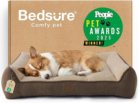 Bedsure SupportMax™ Orthopedic Dog Bed Medium Size Dog - Extra Thick Supportive Medium Dogs Beds with Waterproof Washable Cover, Comfort Pet Bed Sofa with Soft Sherpa and Nonskid Bottom, Brown, 35"