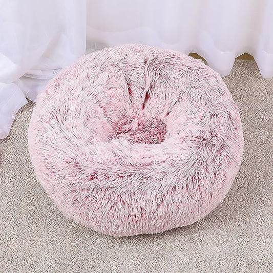 Calming Dog Bed for Small Dogs, Calming Donut Cuddler Pet Bed Anti Anxiety Round Dog Bed Fluffy Plush Faux Fur Cat Bed,Pink,19.7IN