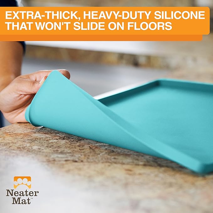 Neater Pet Brands Neater Mat Pet Mats for Food and Water, Cat & Dog Bowl Mat Waterproof Silicone, Feeding Tray, Dog Food Mats for Floors, Placemat w/Raised Edge for Under Bowls, 16” x 10”, Aquamarine