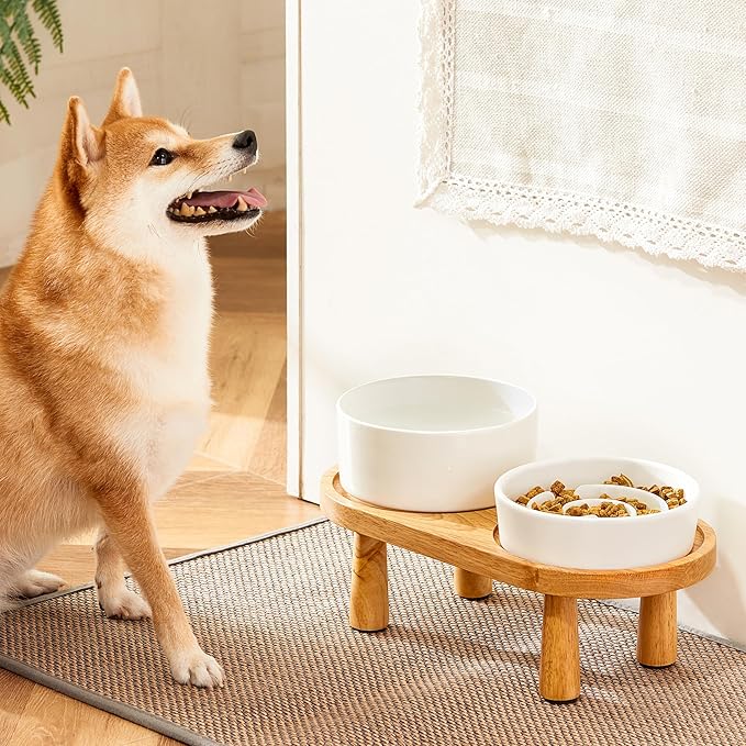 Ceramic Slow Feeder and Water Bowl Set for Small Dogs, Ceramic Dog Bowls Elevated with Wooden Stand, 0.6 Cups Dog Slow Feeder(14oz) and 30oz Water Bowl Set, White
