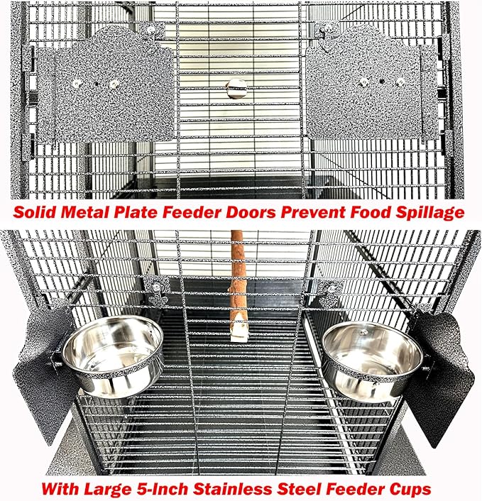 X-Large Elegant and Durable Wrought Iron Play Ground Perch Stand Top Climbing Ladder Bird Parrot Rolling Metal Cage with Around Seed Guard Storage Shelf On Heavy Duty Lockable Rolling Wheels