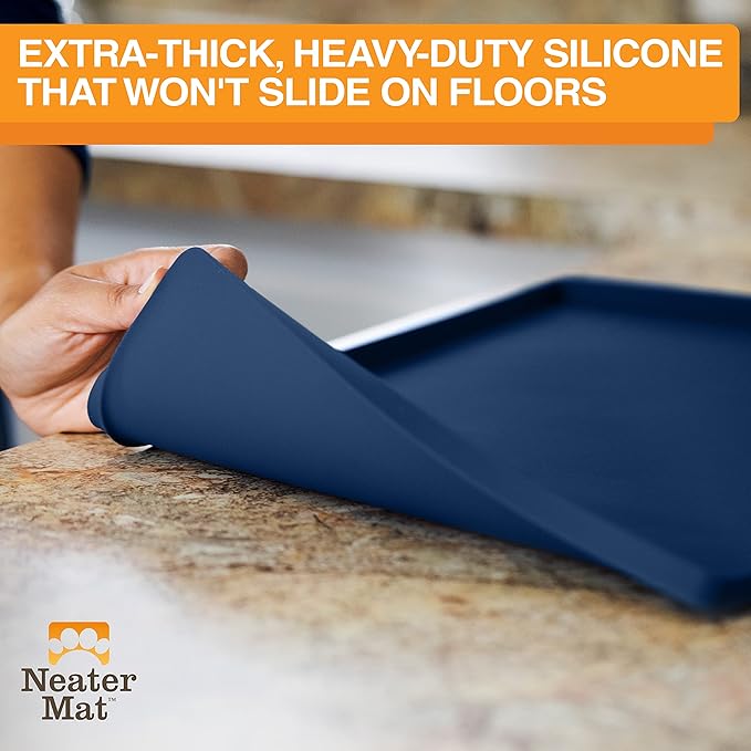 Neater Pet Brands Neater Mat Pet Mats for Food and Water, Cat & Dog Bowl Mat Waterproof Silicone, Feeding Tray, Dog Food Mats for Floors, Placemat w/Raised Edge for Under Bowls, 32" x 24", Dark Blue