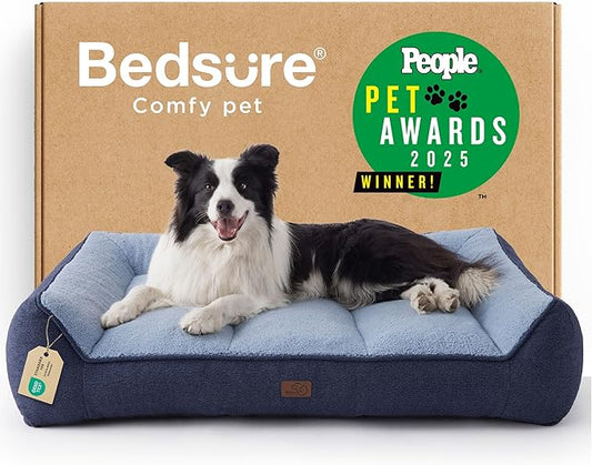 Bedsure SupportMax™ Orthopedic Dog Beds Large Sized Dog - Extra Thick Supportive Large Dogs Bed with Waterproof Washable Cover, L Plus Comfort Pet Sofa with Soft Sherpa and Nonskid Bottom, Blue, 38"