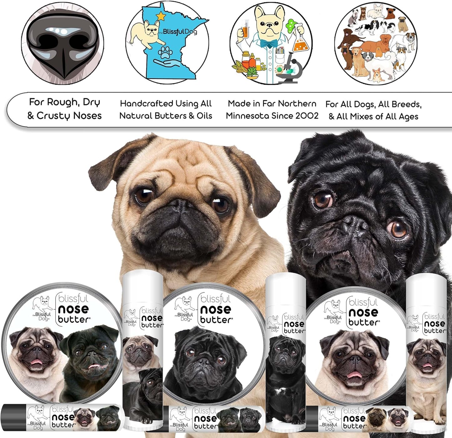 The Blissful Dog Pug Duo Unscented Nose Butter - Dog Nose Butter, 0.15 Ounce