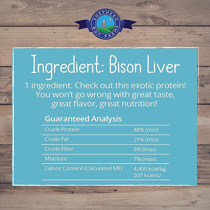 Shepherd Boy Farms Freeze Dried Dog and Cat Treats, Bison Liver, All Natural Freeze-Dried Dog Treat & Snacks, Made in USA, High in Protein, Essential Nutrition of Raw Food, 8oz
