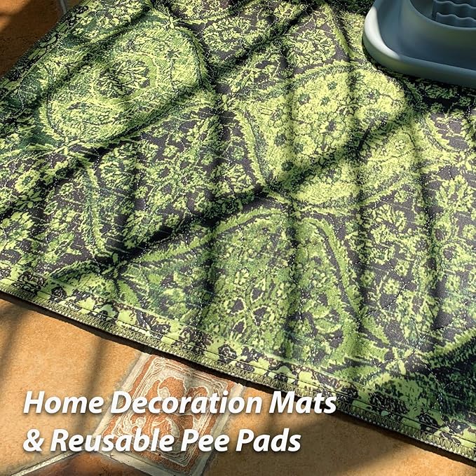 nunubaby Washable Pee Pads for Dogs, Stylish, Non-Slip and Leak-Proof Pee Pads. Reusable Potty Pads for Dogs for Crates and Floors.(Green/Multi, 18" x24")