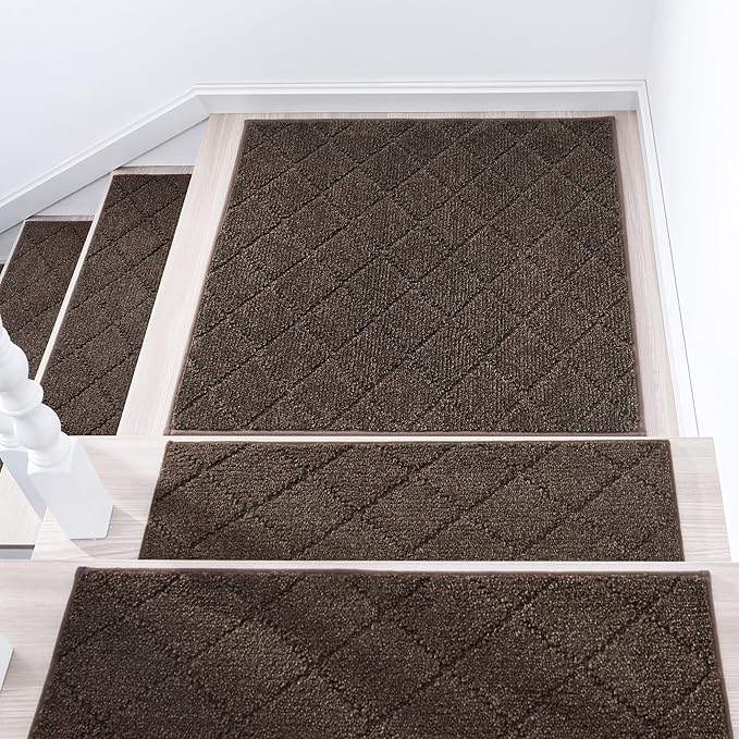 COSY HOMEER Edging Stair Treads Non-Slip Corner Indoor Stair Runners for Wooden Steps,Landing Slip Resistant Stair Rugs Mat for Kids and Dogs,100% Polyester TPE Backing,Brown,30x30 inch