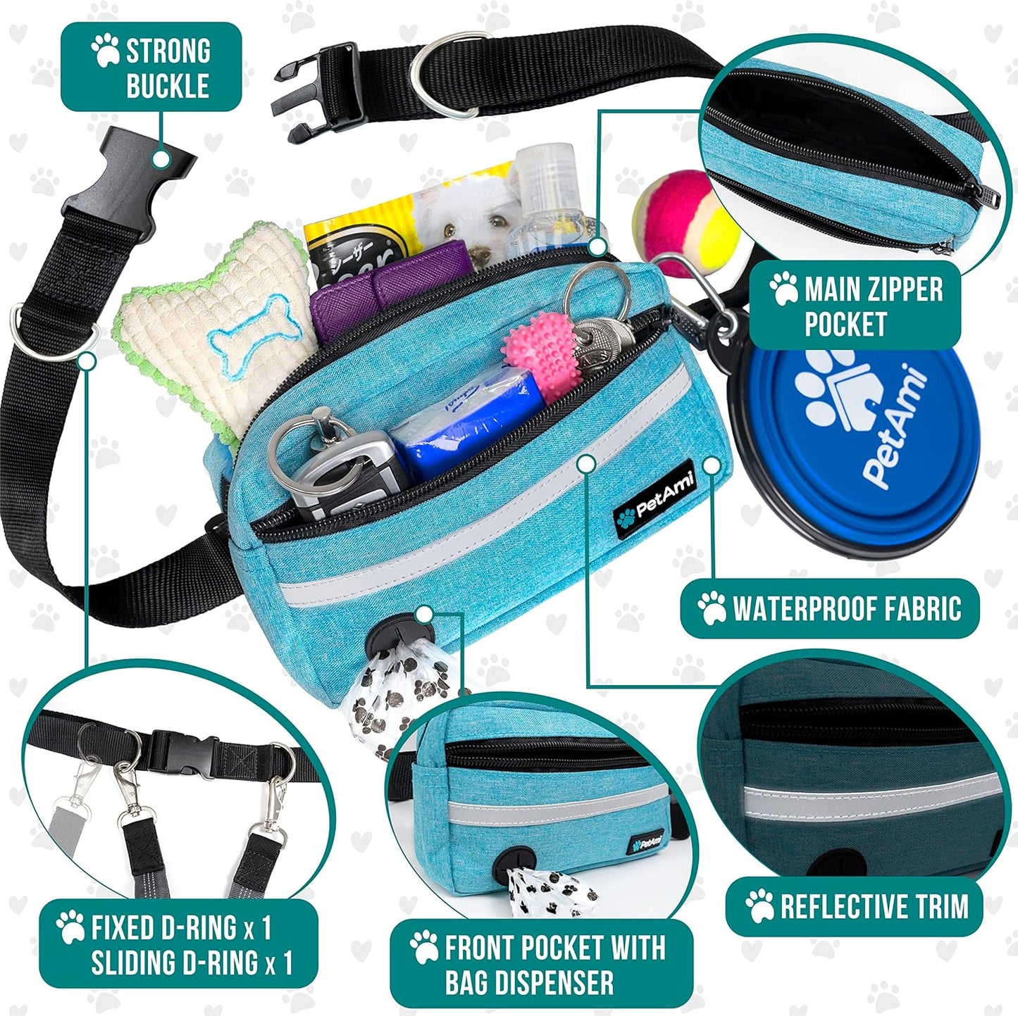 PetAmi Hands Free Dog Leash, Dog Running Leash Belt for Walking Jogging, Dog Waist Zipper Pouch Fanny Pack with Poop Bag Dispenser, Dual Padded Handle Bungee Leash for Small Medium Large Dogs, Double