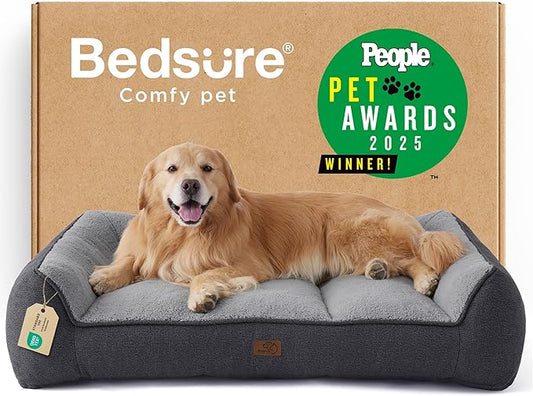 Bedsure SupportMax™ XL Plus Orthopedic Dog Beds Large Sized Dog - Extra Thick Supportive Dogs Couch with Waterproof Washable Cover, Jumbo Pet Sofa with Soft Sherpa and Nonskid Bottom, Grey, 48"