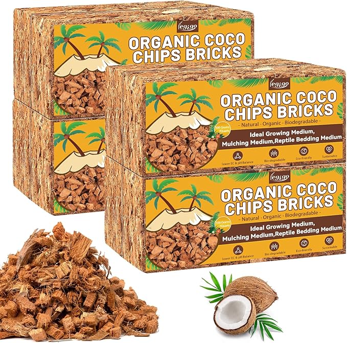 Legigo 8 Pack Coco Husk Chips- 8.8 LB 100% Organic Coconut Coir Chips Brick Potting Soil Mix with Low EC & PH Balance, Compressed Coconut Substrate Coco Chips Mulch Medium for Garden, Flowers, Plants