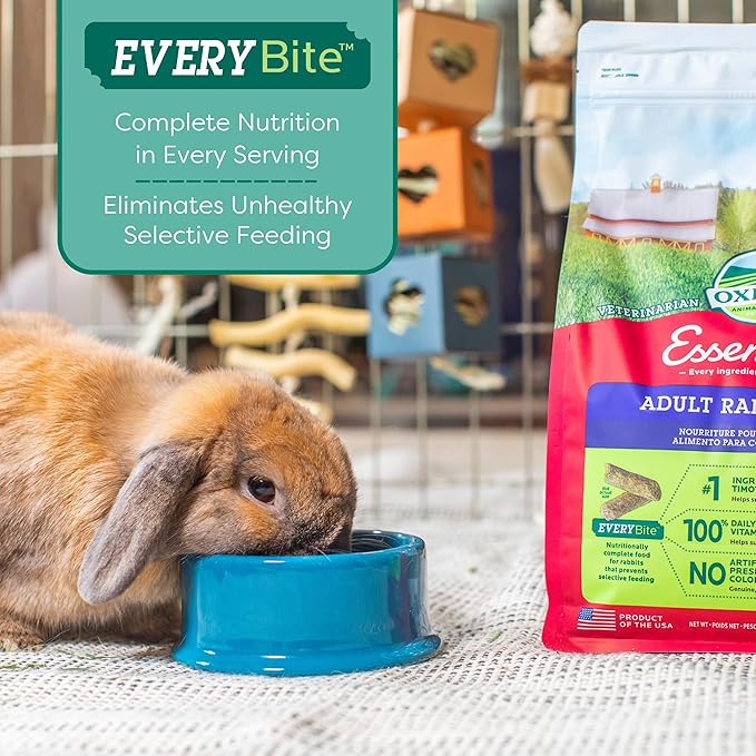 Oxbow Essentials Rabbit Food, Adult Rabbit, Made with Oxbow Timothy Hay, Pet Pellets with Vitamins & Minerals, Small Animal Pet Products, Bunny Supplies, Made in USA, Bunny Food, 5 lb