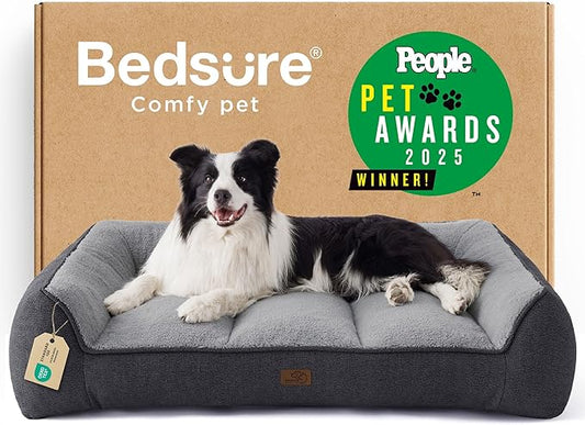 Bedsure SupportMax™ Orthopedic Dog Beds Large Sized Dog - Extra Thick Supportive Large Dogs Bed with Waterproof Washable Cover, L Plus Comfort Pet Sofa with Soft Sherpa and Nonskid Bottom, Grey, 38"