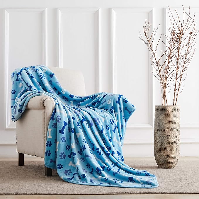 Allisandro Luxurious Dog Blanket, 350 GSM Super Fuzzy Microplush Fleece Pet Blankets for Small Medium Large Dogs and Cats, Blue Paw and Bone, 32" x 24"
