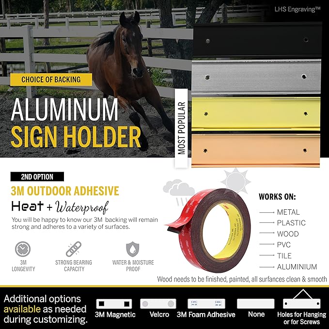 Personalized Horse Stall Name Plates, 2x8 Horse Stall Signs with Adhesive, All Weather UV Protected, Black Plastic White Letters - Made in USA - B2