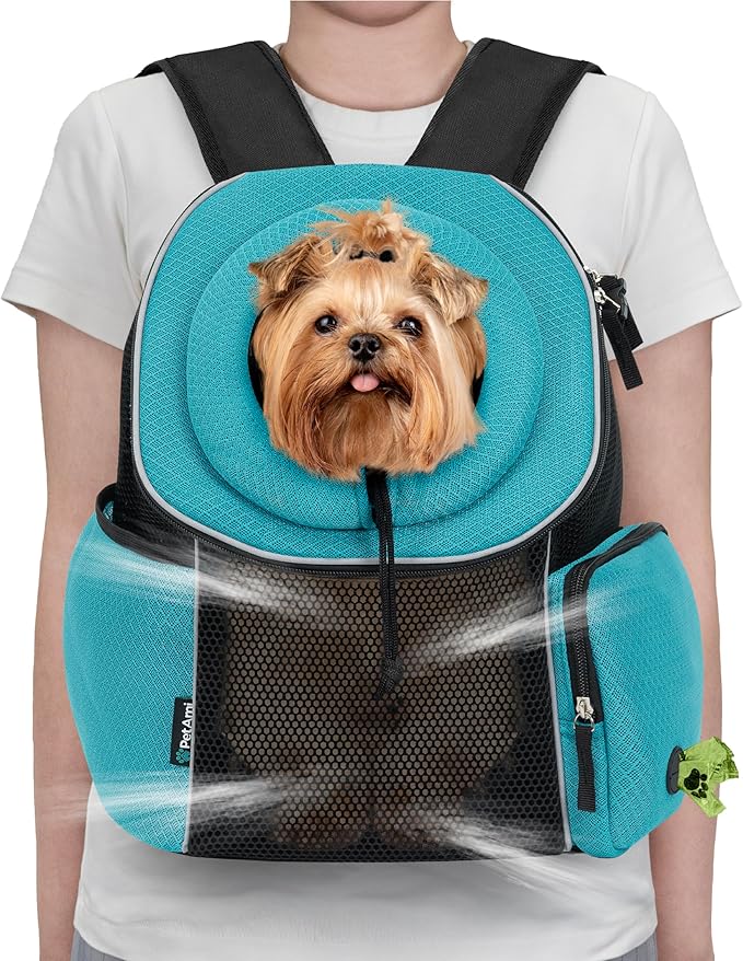 PetAmi Front Carrier Backpack, Ventilated Adjustable Pet Chest Carrier for Dog Cat, Hiking Camping Travel, Small Puppy Medium Cat Carrying Bag, Max 14 lb, Sea Blue
