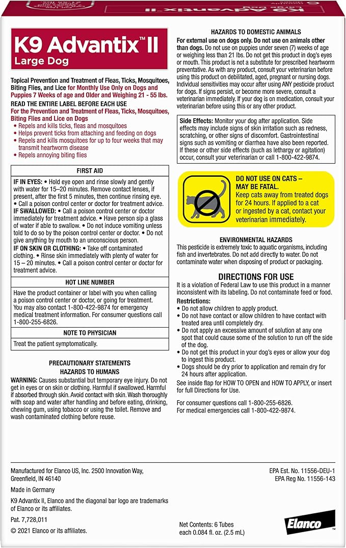 K9 Advantix II Large Dog Vet-Recommended Flea, Tick & Mosquito Treatment & Prevention | Dogs 21 - 55 lbs. | 6-Mo Supply