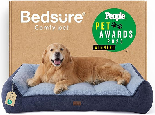 Bedsure SupportMax™ XL Plus Orthopedic Dog Beds Large Sized Dog - Extra Thick Supportive Dogs Couch with Waterproof Washable Cover, Jumbo Pet Sofa with Soft Sherpa and Nonskid Bottom, Blue, 48"