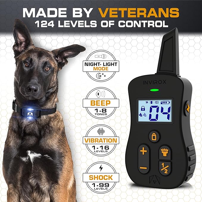 INVIROX Dog Shock Collar [Ultra K9] 124 Training Levels, 4 Powerful Modes with Night-Light and ¾ Mile Range 100% Safe Dog Training Collar for Large Dogs IP67 Waterproof (Black)
